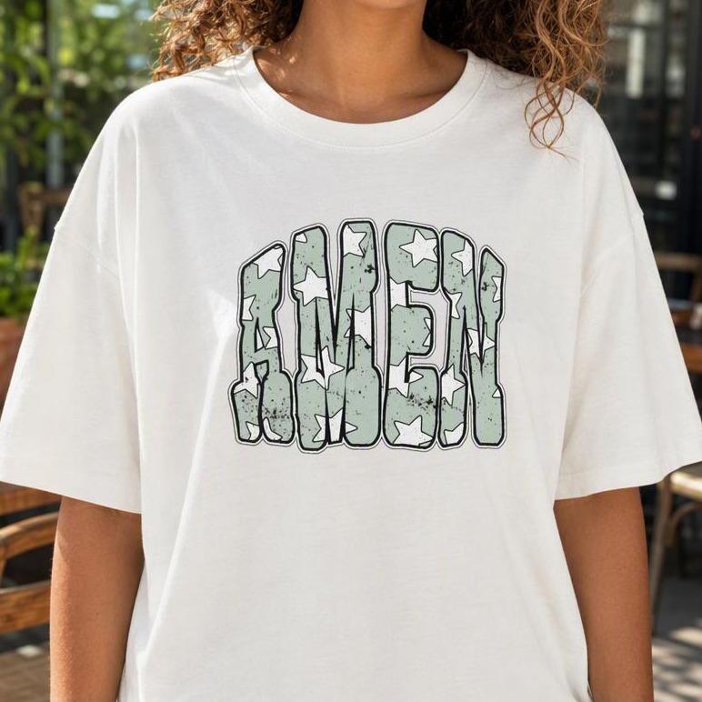 Retro Star Amen 100% Cotton Graphic Tee Inspirational Faith Women T-Shirt Western Boho Casual Top