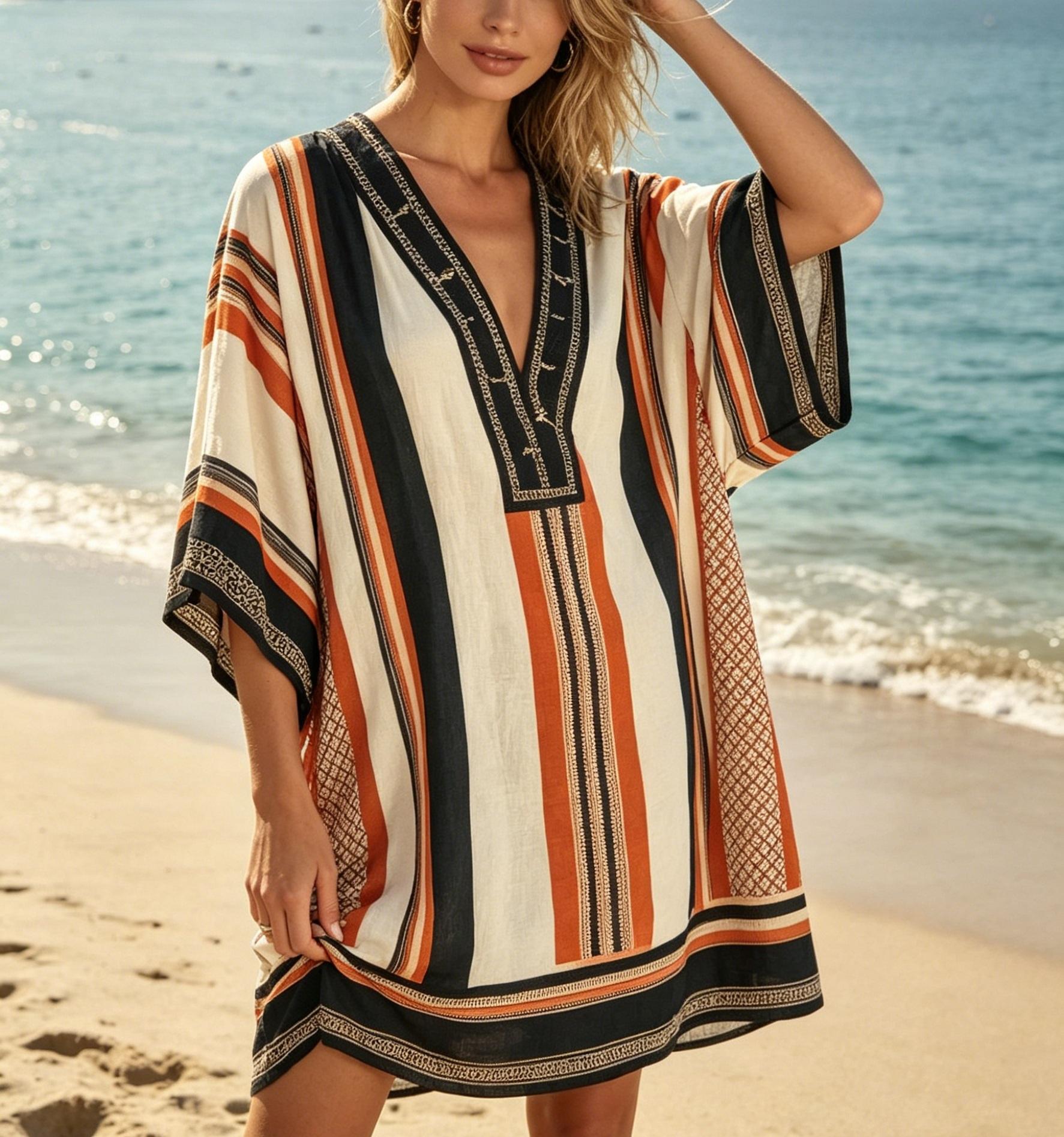 Women's New V-neck Striped 3D-Print Slub Linen Bohemian Cover Up - Loose-Fitting Beach Dress for Seaside Vacations