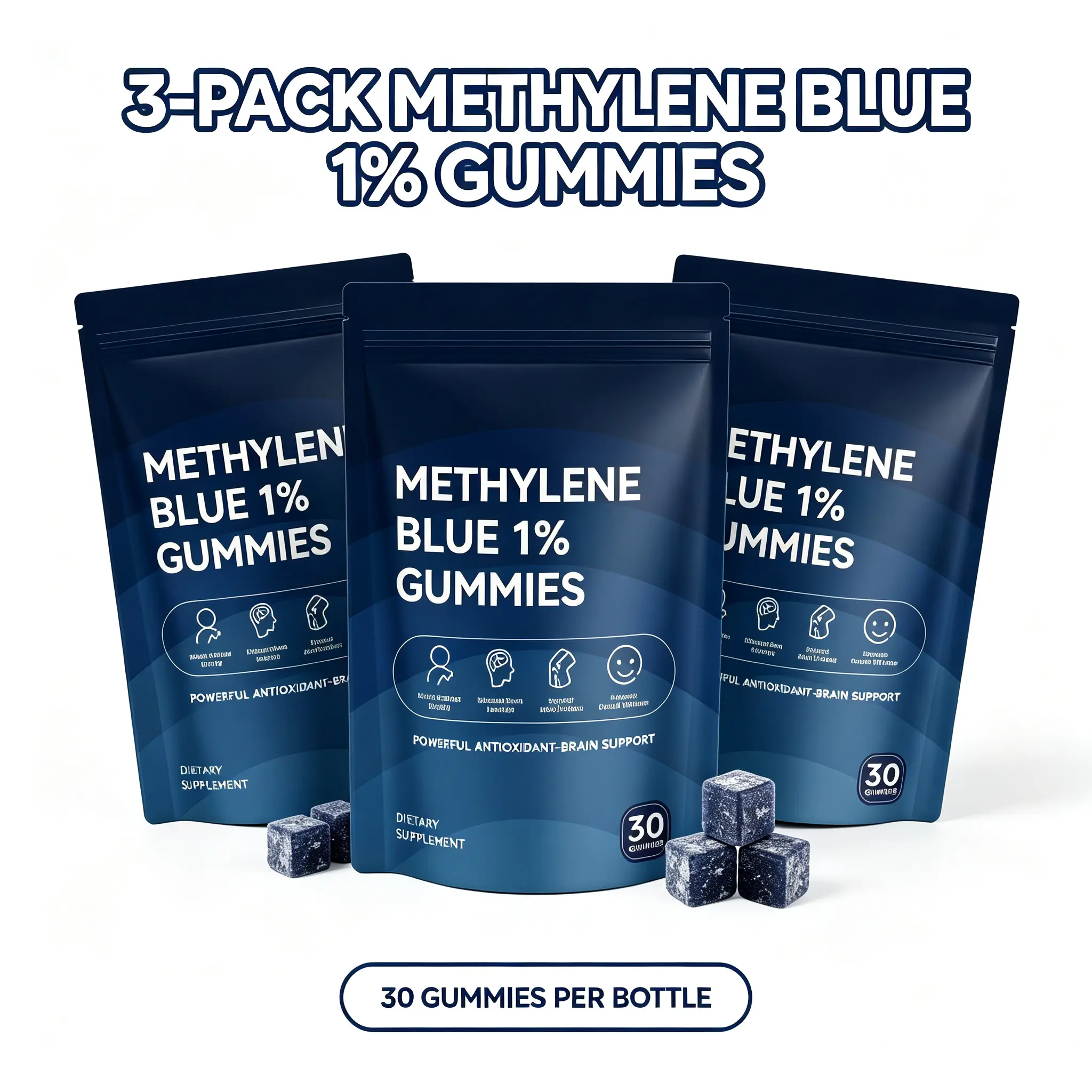 3‑Pack Daily Wellness Methylene Blue 1% Gummies 10‑in‑1 Complex Pouch, Infused with Vitamin C, K2 & D3, Supports Joint Comfort, Cellular Energy Production, Mental Clarity & Antioxidant Health, Daily Supplement for Adults, 30 Gummies Per Pouch