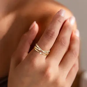 Rotnso Golden Three-Layer Double-Cross Zircon Ring with Square-Cut Open Band Adjustable for Any Vibe Lightweight and Shiny Gold-Toned Sparkling Ring Casual Ring