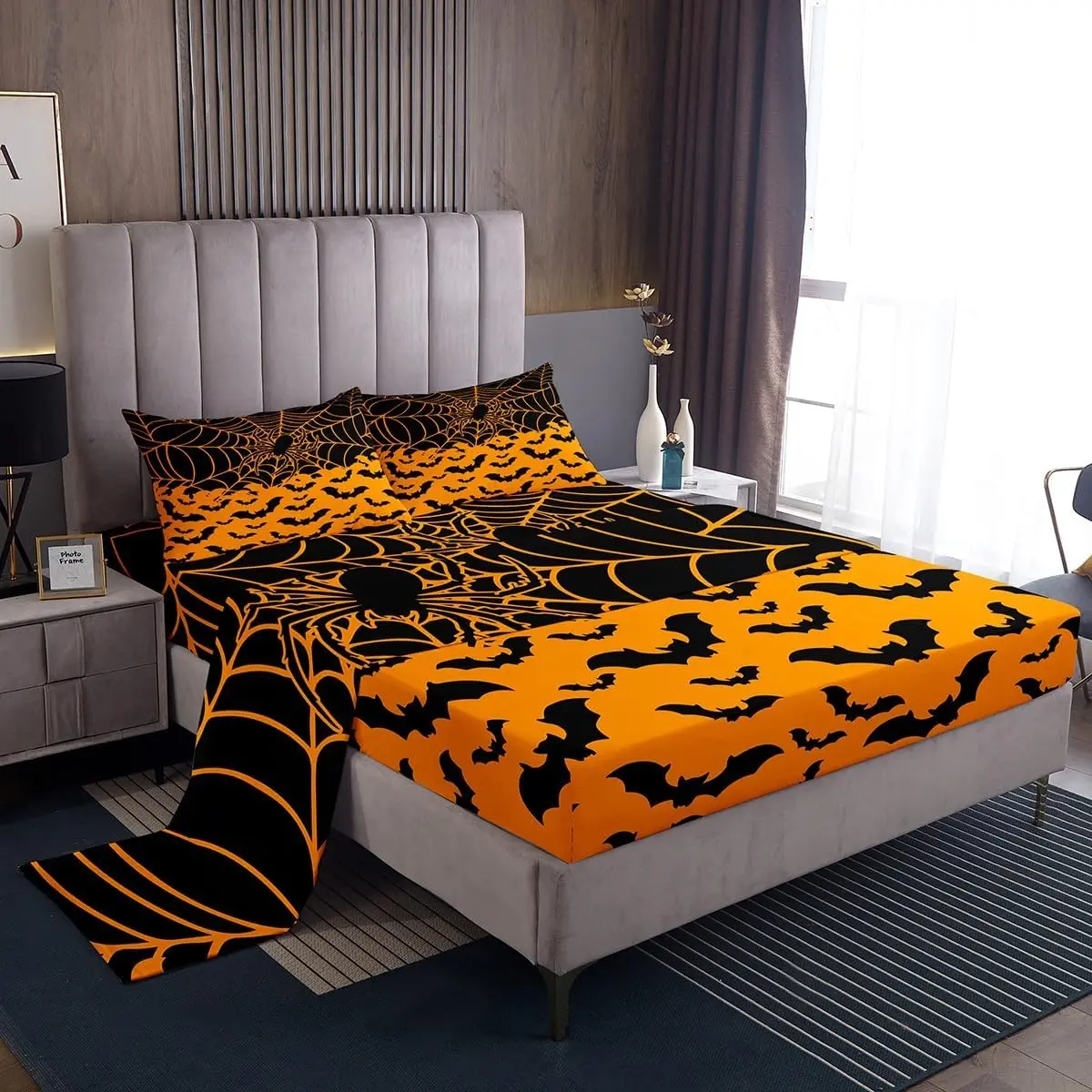 Feelyou Bat Halloween Bedding Set - Soft Breathable Sheets, Orange Spider Web Fitted Sheet, Cute Themed Kids' Bedding Decor, Multi-Size Ideal Gift