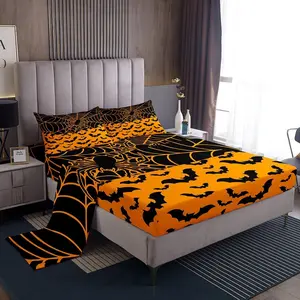 Feelyou Bat Pattern Halloween Bedding Sheet Set - Orange Spider Web Fitted Sheet, Cute Kids' Halloween Themed Textile Decoration