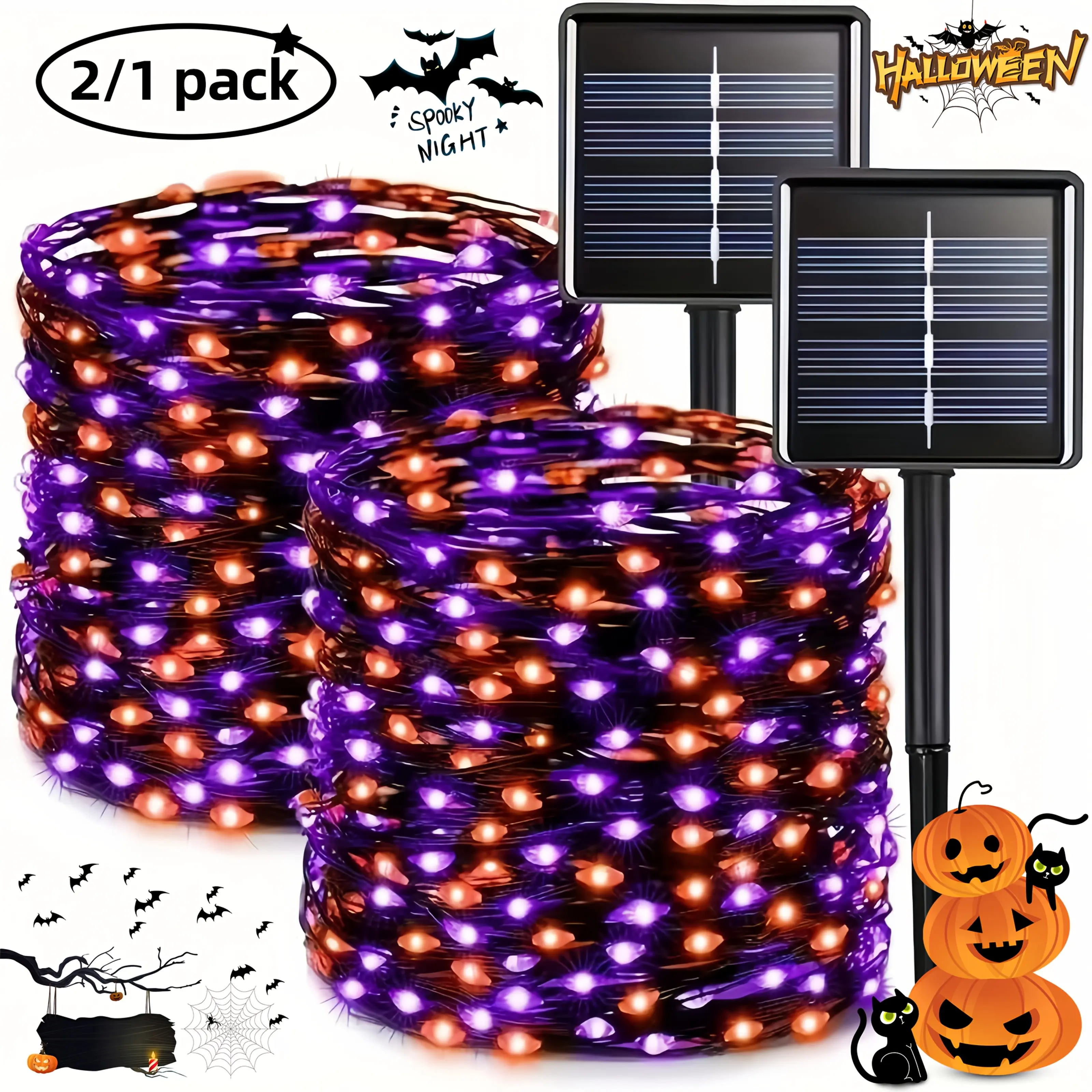 2/1Pack Total 240/120LED, 80FT Solar Orange-Purple Halloween Lights, IP65 Lights, Halloween Decorations, Haunted House, Trick-Or-Treaters, Halloween Parade