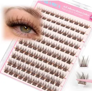 Yawamica Self Adhesive Eyelashes Brown Lash Clusters No Glue Needed Press on Lashes Reusable Pre-glued Eyelash Clusters 8-14mm Wispy Individual Lashes C Curl Cluster Lashes DIY Brown Lash Extension