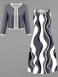 Women's Spring Autumn Fashion Casual Wear Dress Set, Stylish Patchwork Long Sleeve Cardigan Jacket + Ripple Pattern Sleeveless Dress