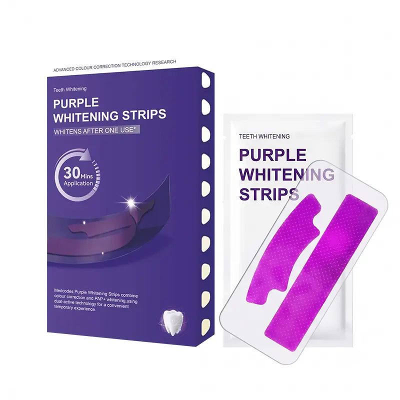 Purple Teeth V34 Whitening Strips, Peroxide-Free Enamel Safe, 30Min Instant Color Correcting, Non-Sensitive Oral Care Kit，14 Strips，Color correcting strips