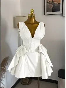 PULKRITU Elegant Women's Feminine Sleeveless Bow Splice Deep V Neck Bodycon A-Line Mini Dress, Spring Valentine's Party Sexy Gown, Street Style Birthday Party Vacation Beach Lady Dress Vestidoss, Elegant Formal Wear