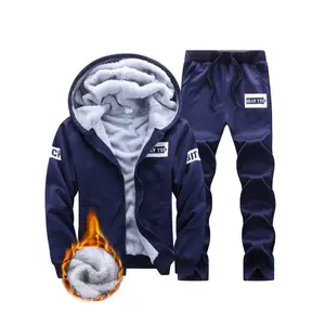 Men's Cozy Fleece-Lined Hoodie & Joggers Set - Casual Letter Print, Zip-Up Jacket with Drawstring Pants for Winter