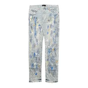 Purple Brand P001 Jacquard Monogram Jeans Paint Splatter Bleached Indigo Multi