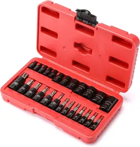 25 Piece Torx Bit and Socket Set, 13 Star Bits (T8- T60) & 12 E-Torx Sockets (E4-E22), Professional Grade Auto & Motorcycle Mechanic Set