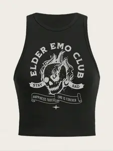 Women's Summer Casual Skull Print Crop Top, Round Neck Tight Fit Vest, Halloween Style, Pop Art Pattern, Comfortable and Stylish, Casual Tank Top