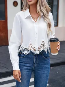 A lady's white lace-stitched V-neck long-sleeved shirt, exuding elegant style for daily wear Blouse