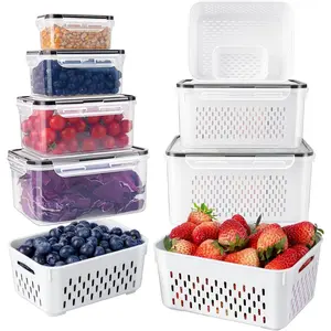 4 in 1 Fridge Fresh Keeper Containers 4/6-Pack, Removable Colanders & Lids for Salad Lettuce Berry Fruit Vegetables Meat Storage