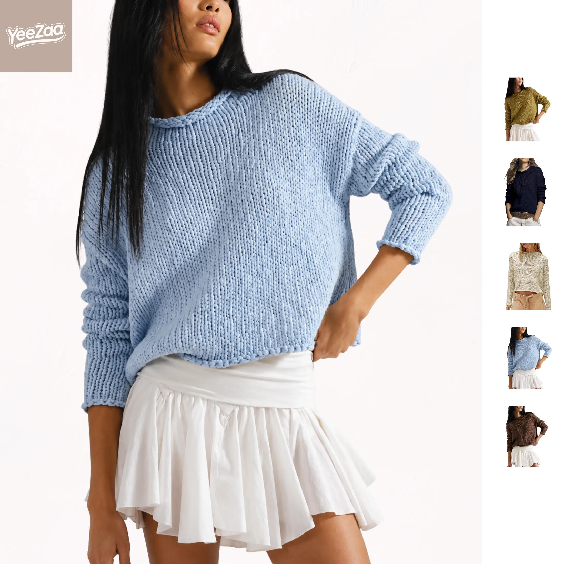 YeeZaa Rollneck Knitted Sweater for Women 2026  Fashion Fall Winter Casual Soft Chunky Cotton Long Sleeve  Crochet Knit Oversized Crewneck Pullover Top