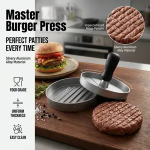 Aluminum alloy hamburger mold, non-stick patty maker, uniform thickness, easy to clean, suitable for home grilling and cooking.