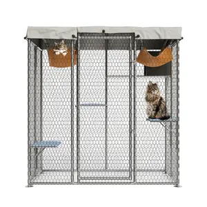 Large Outdoor Cat House with Waterproof Roof, Deluxe Wooden Catio Enclosure with Platforms & 2 Hammocks, Heavy Duty Metal Mesh Cat Playpen for Backyard Patio Garden, Weatherproof Large Pet Kennels Run for Multiple Cats