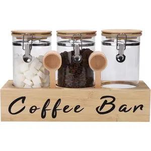 3 x 54 oz Glass Coffee Bean Storage Container with Shelf 3 count Glass Containers with Airtight Locking Clamp Lid Spoons Coffee Canister Set Jars for Kitchen  Storage  Sugar