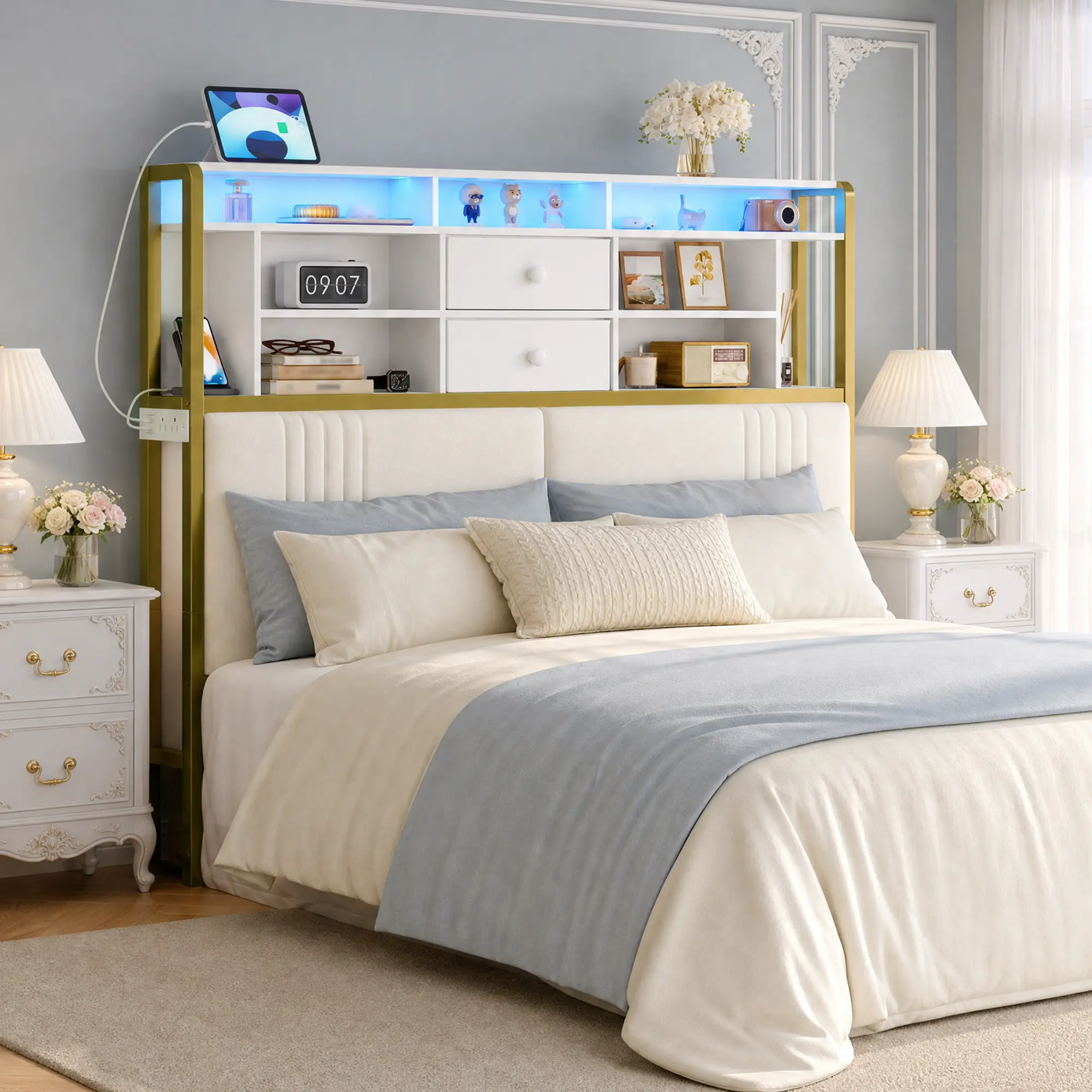 Hzuaneri Headboard with 3-Tier Storage Shelves, Velvet Upholstered Headboard with Outlet, 2 USB Ports & LED Light, Headboards Full Size Bed with Two Fabric Drawers