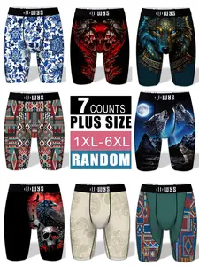 RANDOM-7PCS，Men's Plus Size Long Brief Underwear Set, 7 Pcs Random Colors, Print, Moisture-Wicking, Anti-Chafing, Quick-Dry, Casual Sporty Style, 1xl-6xl