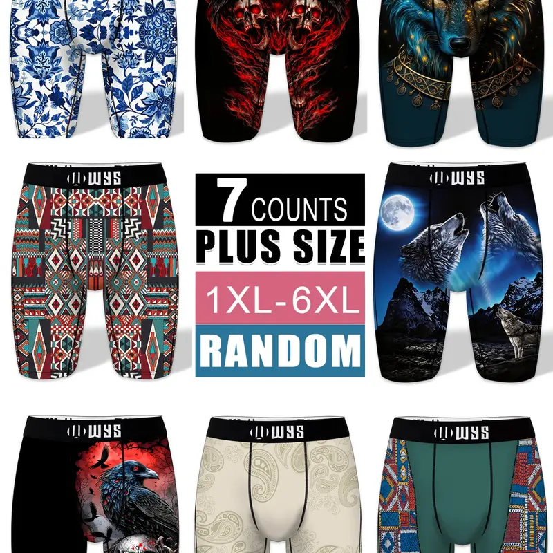 RANDOM-7PCS Men's Plus Size Graphic, Stretch Boxer Briefs, Underwear Set, Moisture-Wicking, Anti-Chafing, Quick-Dry, Casual Sporty Style, 1XL-6XL