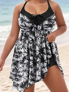 Plus Size Coconut Tree Print Tankini Set, Casual Adjustable Straps Cross Back Swim Top & Swim Bottom, Women's Two-piece Swimsuit for Summer Beach Holiday Vacation
