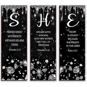 3 Pcs Silver Wall Decor Diamond Bedroom Decor For Women With Religious Black And Silver Bathroom Accessories Office Sign for Home Kitchen Office Wall Decoration 12x4 Inches