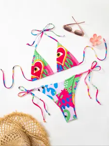 Women's Eye Print Bikini Set, Casual Fashion Chic Swimsuit Set, Ladies Swimwear for Beach Holiday Vacation, Colorblock Bikini Set, Tie Back Bikinis, Tropical Print Bikinis, Bathing Suits
