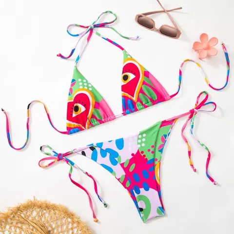 Women's Eye Print Bikini Set, Casual Fashion Chic Swimsuit Set, Ladies Swimwear for Beach Holiday Vacation, Colorblock Bikini Set, Tie Back Bikinis, Tropical Print Bikinis, Bathing Suits, Bikinis Sets, Summer Bikini Beach, Printed Bikini Set