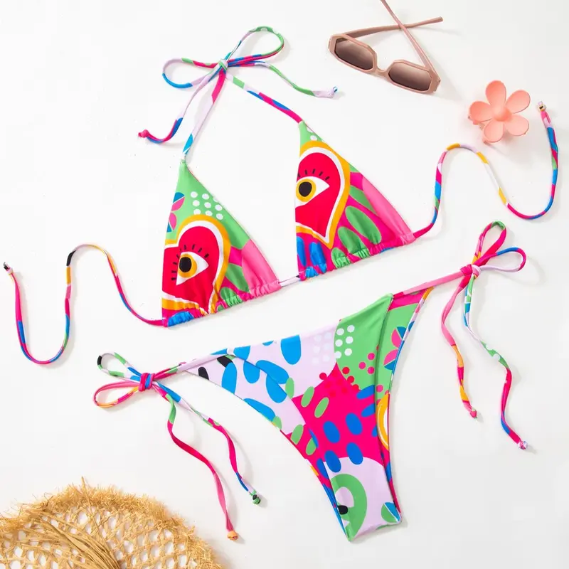Women's Eye Print Bikini Set, Casual Fashion Chic Swimsuit Set, Ladies Swimwear for Beach Holiday Vacation, Colorblock Bikini Set, Tie Back Bikinis, Tropical Print Bikinis, Bathing Suits, Bikinis Sets, Summer Bikini Beach, Printed Bikini Set