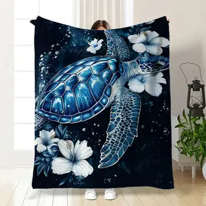 Blue Sea Turtle Hibiscus Throw Blanket - Ocean Watercolor Print Flannel Blanket, Cozy Soft Blanket with Tropical Hibiscus Flowers,Perfect for Beach Coastal Lovers