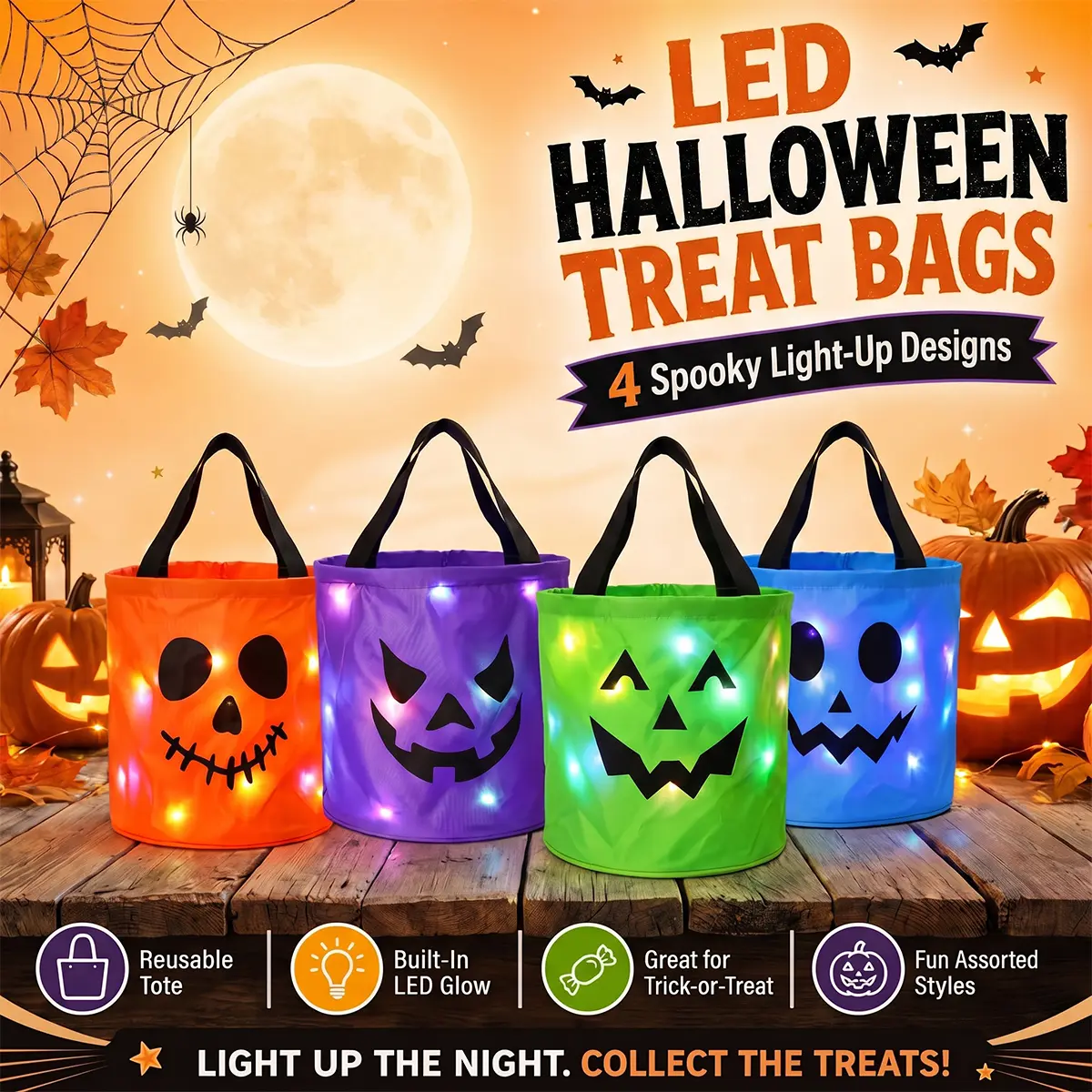Light Up Halloween Candy Bucket, LED Trick or Treat Bag, Glow Pumpkin Treat Collapsible Bucket for Kids Halloween Party Decorations
