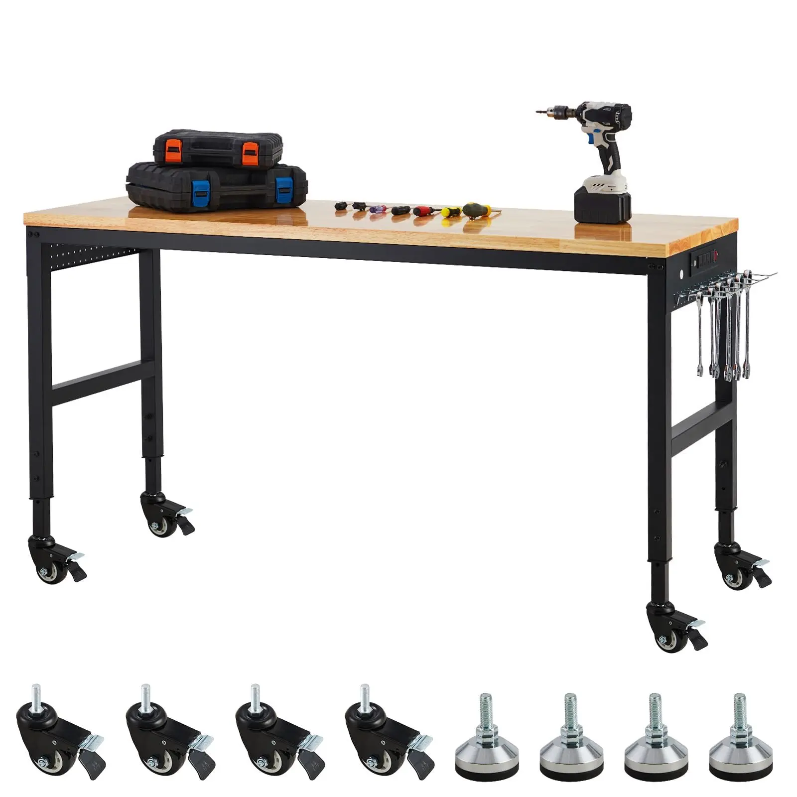 GARVEE Adjustable Height Solid Wood Workbench - 75in x 25in Durable Heavy-Duty Garage Desk, Polished Top, 2000 Lbs Load Capacity, 29.5in-38.4in Height Adjust Range, 35 Hooks, Swivel Wheels, 118in Power Strip Cord for Workshop Home Use