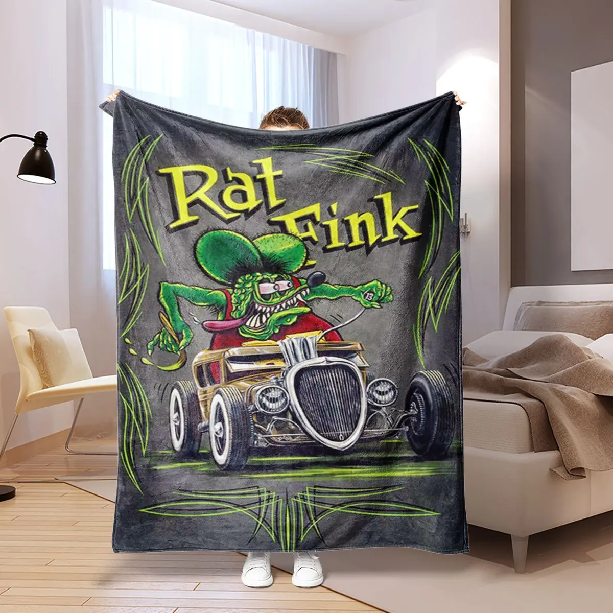 [Rat Fink Blanket] 1pc Rat Fink Graphic Flannel Blanket | Mid-Century Modern Style, Hypoallergenic & Machine Washable, Lightweight All-Season Throw for Bed, Sofa, Office, Travel, Camping - Soft Plush Gift for Foodies