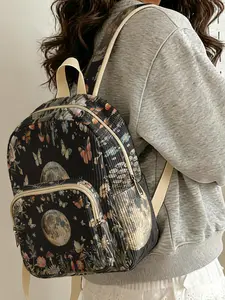 1 piece of ladies' two-shoulder bag with 2D printed moon and flower pattern, velvet texture + layered storage + light weight reduction | Suitable for students to go to class/shopping/short trips | Combines atmosphere with practicality