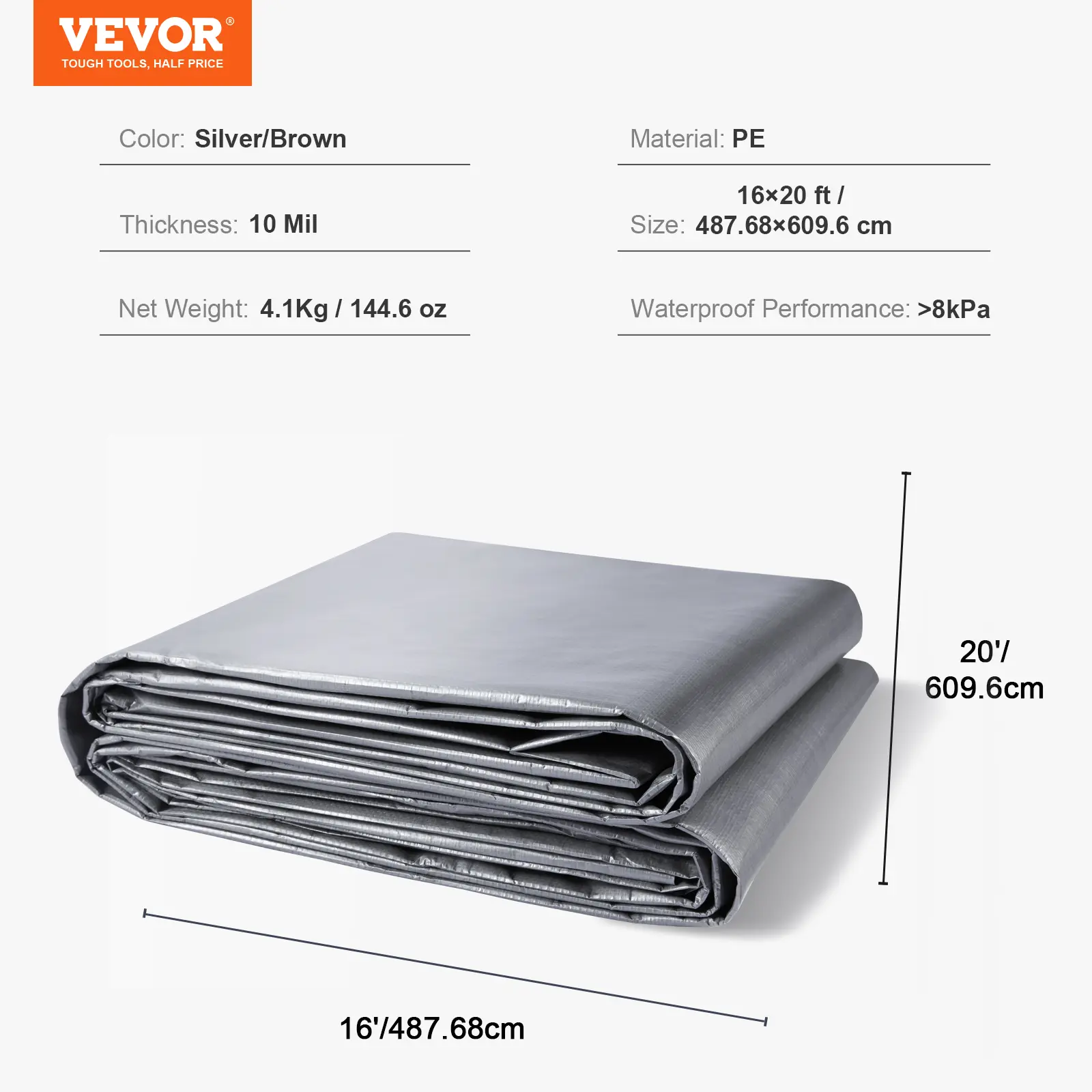 【summerfinds】VEVOR 16x20 ft Thick 10 Mil Waterproof Plastic Poly Tarp Cover, Multi-Purpose Outdoor Tarpaulin with Reinforced Grommets, All-Weather Resistant, Durable, Lightweight (Silver/Brown)