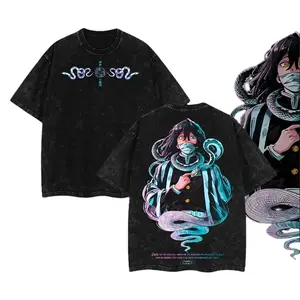 Obanai Iguro Inspired Oversized Short-Sleeve T-Shirt - Vintage Washed Demon Slayer Anime Graphic Tee, Serpent Hashira Dual-Sided Print, Casual Fashion Sporty Sports Top for Outdoor Fun