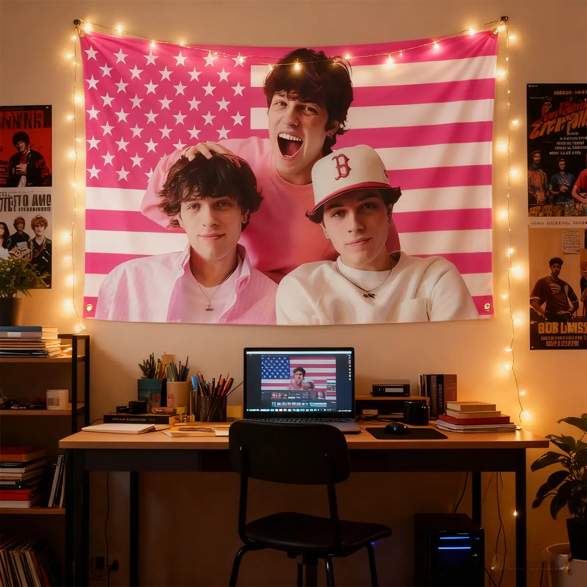 Sturniolo Triplets Patriotic Theme Synthetic Tapestry Wall Mural - Dorm Bedroom Home Decor, Plain Aesthetic Music Poster, Viral Trio Fan Gift, Must-Have Home Supply