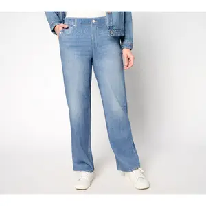 AnyBody Petite Printed Denim Effect French Terry Wide Leg Pants