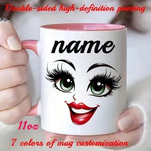 2026  1 Personalized Smiling Face and Eyelash Design Mug-double-sided Glossy Ceramic Cup, 11 Ounces Bold Name/text/logo Printing, 7 Colors Available (pink, Black, White, Blue, Green, Brown, Gray)-suitable Coffee, Tea, Hot Drinks