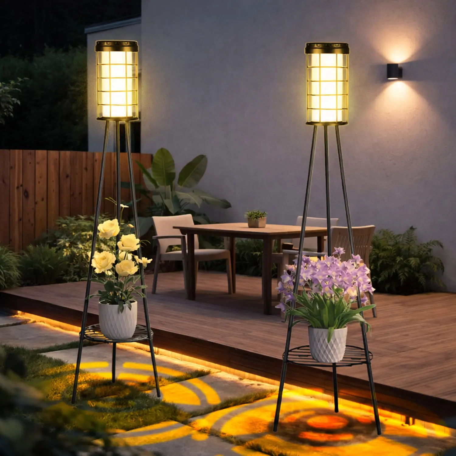 Outdoor Solar Dimmable Floor Lamps, Solar Charging Double/Single Plant Stand Outside Floor Lamps, Warm & White 3 Modes Lighting Modes Adjustable Standing Decor Lights for Patio, Porch, Deck, Yard, Garden, 2 Pack/1Pack Decorative Light