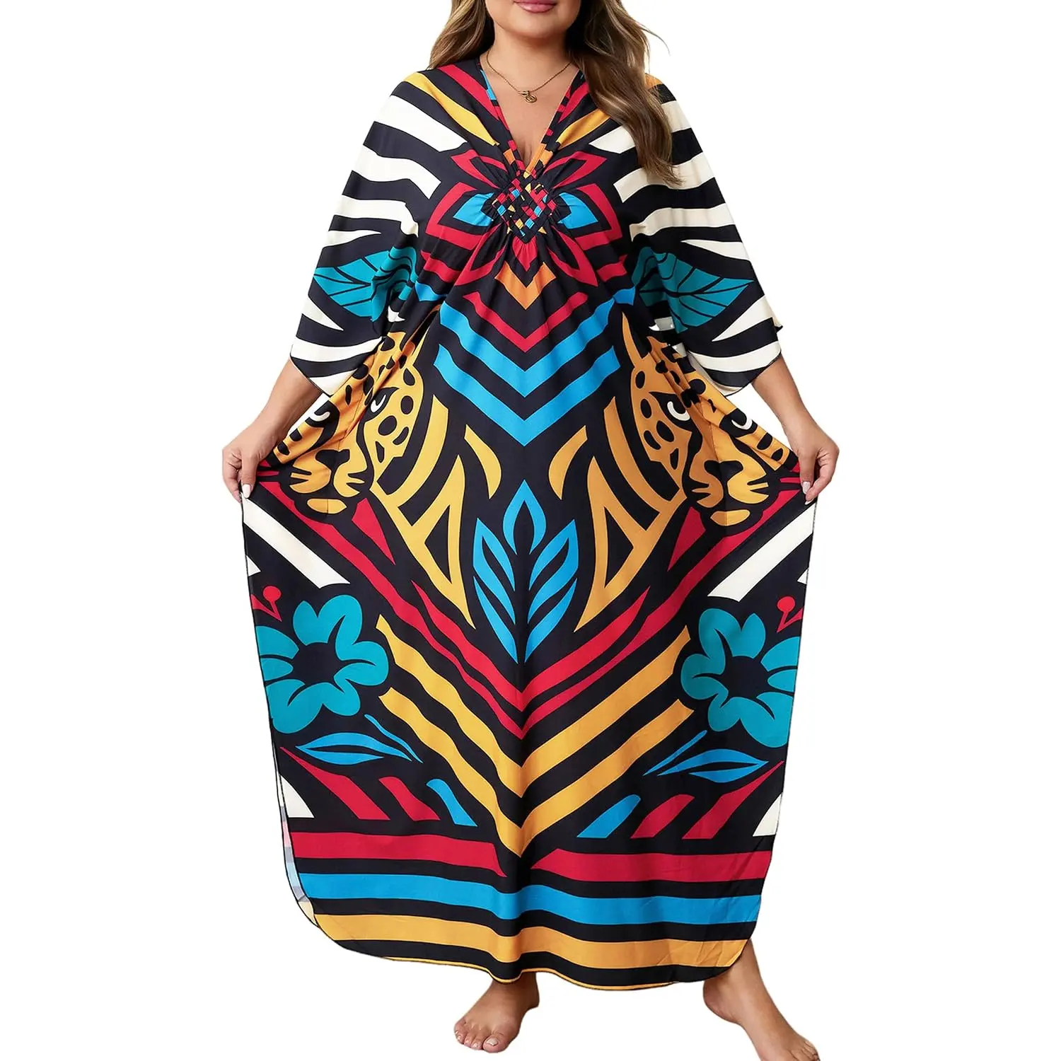 Yanziliu Kaftan Dresses plus Size V-Neck Women'S Swimwear Cover Ups Tie Dye Batwing Sleeves Mumu Caftan Dress (moo moo, muumuu, moomoo)