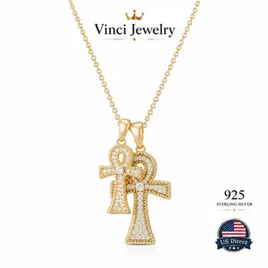 S925 Sterling Silver Ankh Double Pendant Necklace for Women Girls, 18K Gold-Plated 5a Zirconia Customized Double Ankh Cross Necklace, Mystical Egyptian Life of Key Necklace, Protection spiritual Jewelry Gift for Girlfriend Mom, Daily Wearing, Birthday out