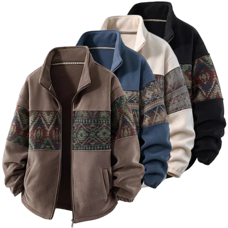 Men's Retro Ethnic Pattern Full-Zip Fleece-Lined Long-Sleeve Knitwear Cardigan Jacket - Stand Collar, Casual Loose, Plus Size Fashion, New Year Cool Gifts for Guys, Fluffy Patterned Cold Weather Autumn-Winter Top#sohochic