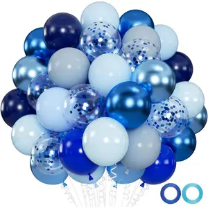 100pcs Blue Balloons - 12inch Metallic Royal Navy & Pearl Blue Balloons with Confetti for Birthday Shower Graduation Party Decorations (with 66ft Ribbons)