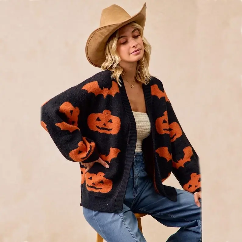 Cozy Halloween Pumpkin And Bat Knit Cardigan Slouchy Open Front Sweater Lindsay