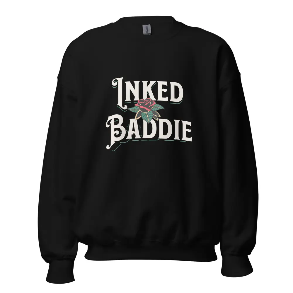 Inked Baddie Crew Neck Sweatshirt for Women - Bold Tattoo Graphic Pullover, Cozy Black Long Sleeve Sweater, Trendy Streetwear for Inked Girls, Perfect Tattoo Lover Apparel for Fall Winter