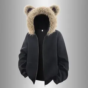 Trendy Bear Ear Fleece Hooded Cardigan Jacket