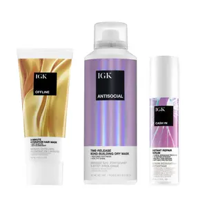 IGK ULTIMATE HAIR REPAIR BUNDLE | Cash In Repair Serum + Antisocial Dry Hair Mask + Offline Hydration Mask