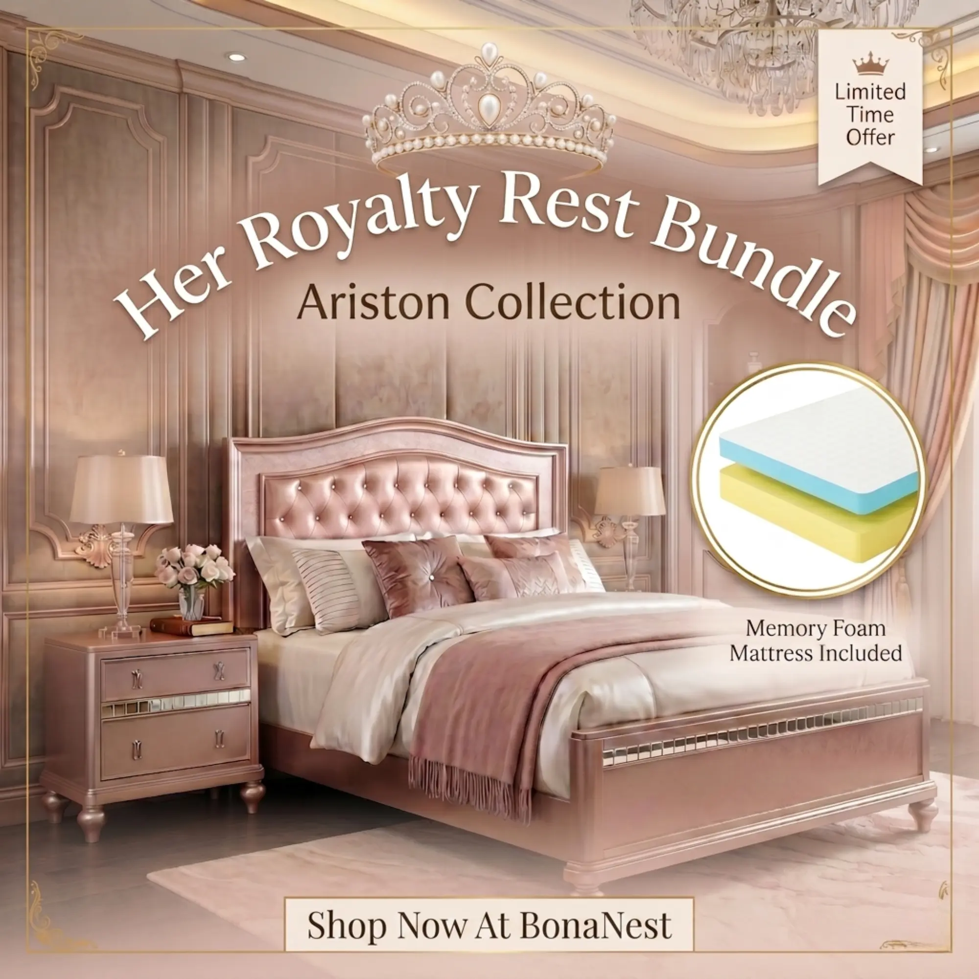 Ariston Contemporary Royalty Bundle with Bedframe, Nightstand & Memory Foam Mattress by FOA