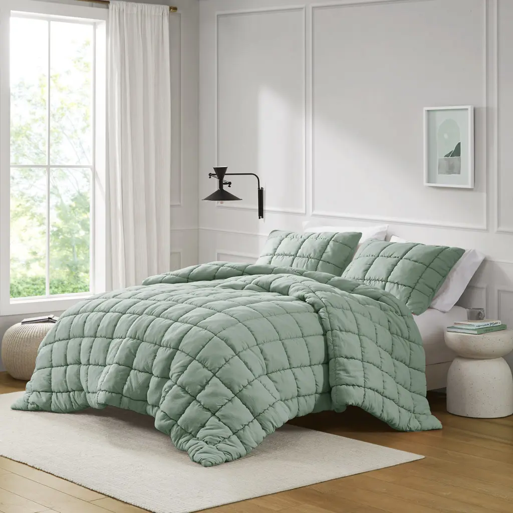 360 Stand Twin Size Intelligent Design ID10-2304 Puff Quilt, 63x86x1.5in Soft Microfiber Bedding Set, Sage Dream Puff Down Alternative Comforter